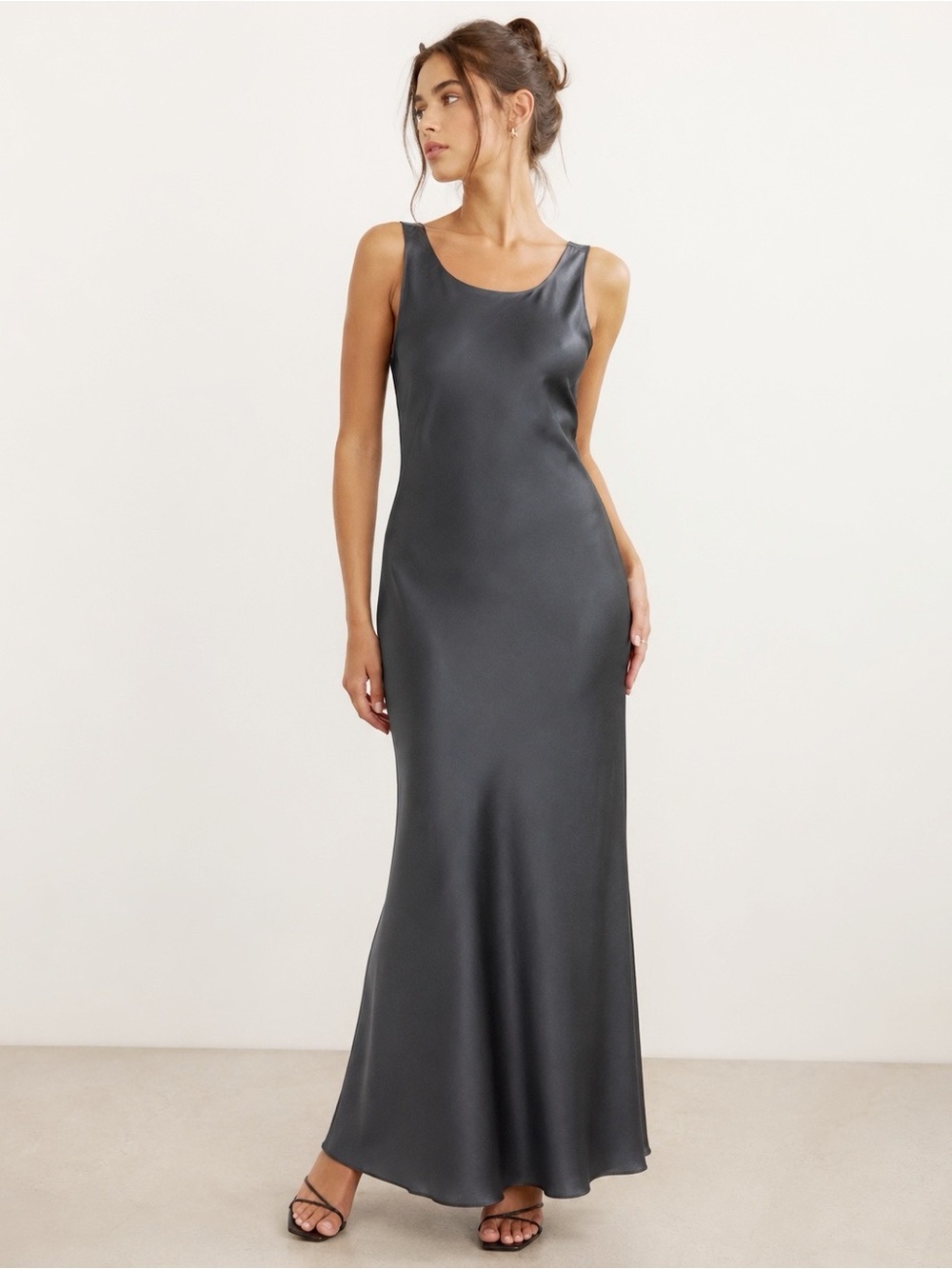 VTG Y2K 90s Scarlet Woman Metallic Grey Satin Sleeveless Maxi Dress US9/10